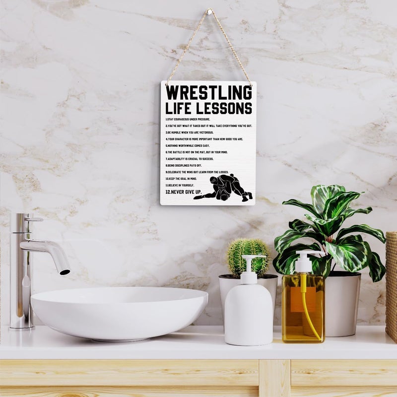 BELLOWDEER Wrestling Life Lessons Wooden Hanging Sign Inspirational Wrestling Wall Art Decor, Wrestling Wall Hanging Decor Signs for Home Office Bedroom Decoration 8x10 Inches - Image 5